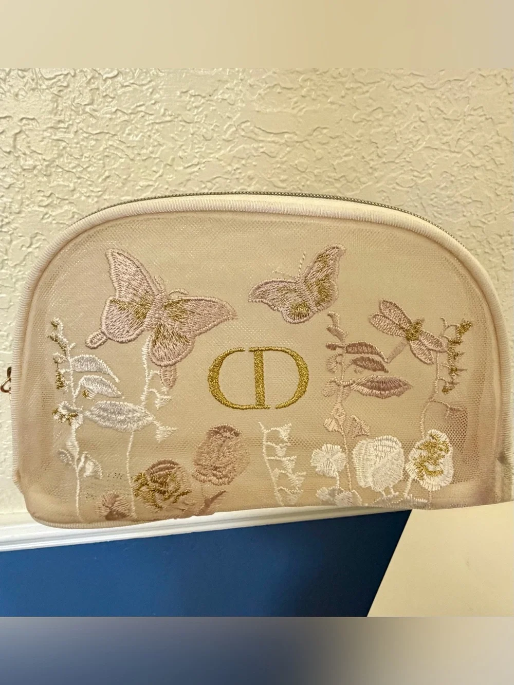 Dior Embroidered Butterfly Cosmetic Pouch - Cream & Gold and Gift Bag GWP